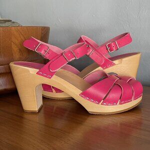NEW Swedish Hasbeens Pink Leather Sandals Heels Peep Toe Cottagecore Boho